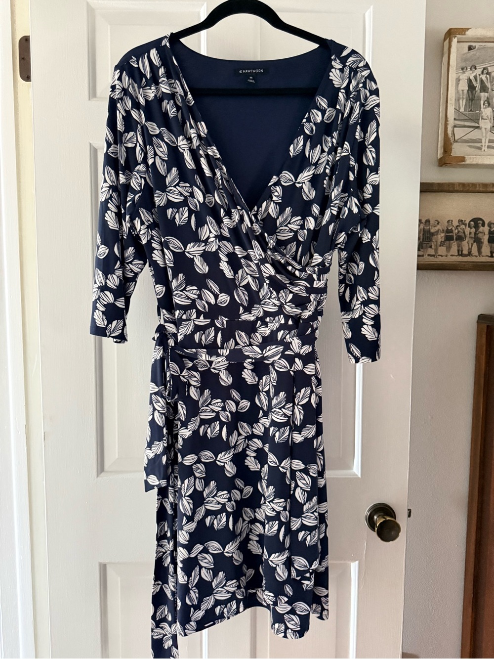 41 Hawthorne Navy Wrap Midi Dress with White Leaf Print